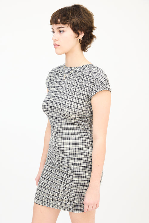 Ganni Black 
White Seersucker Check Ruched Mini Dress