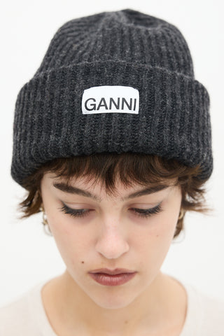 Ganni Black Wool Ribbed Knit Logo Beanie