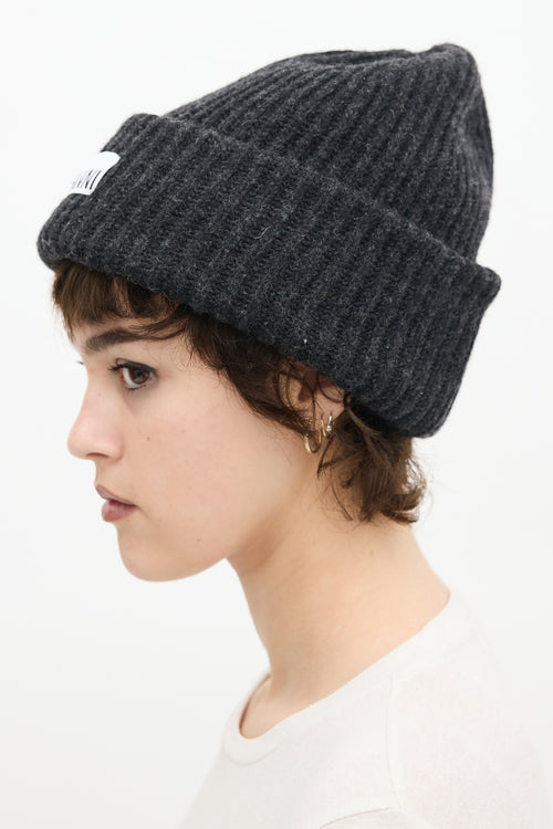 Ganni Black Wool Ribbed Knit Logo Beanie