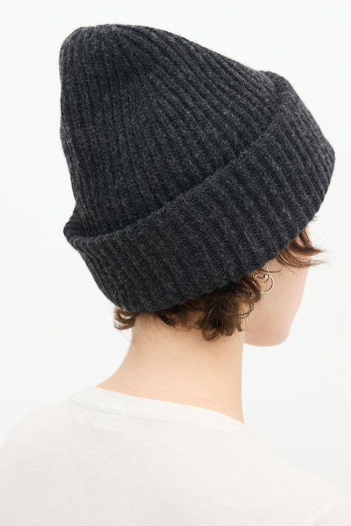 Ganni Black Wool Ribbed Knit Logo Beanie