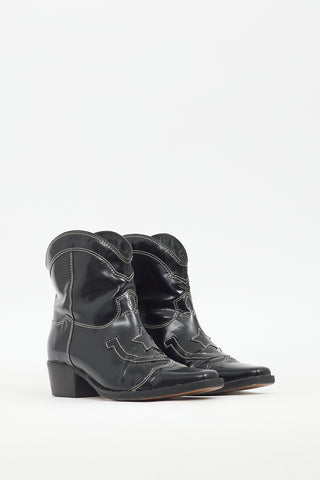 Ganni Black Leather Embroidered Western Boot