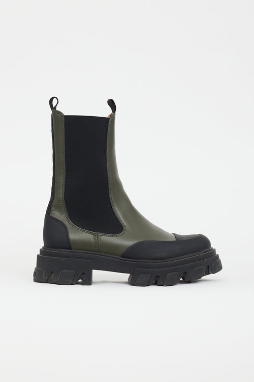 Ganni Black 
Green Leather Chelsea Boot