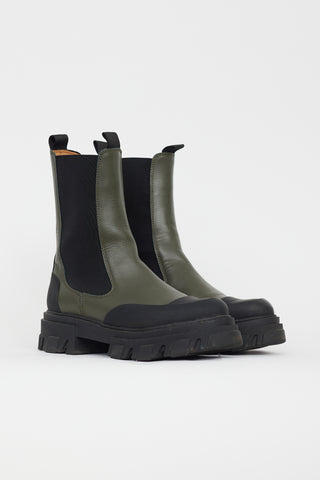 Ganni Black 
Green Leather Chelsea Boot