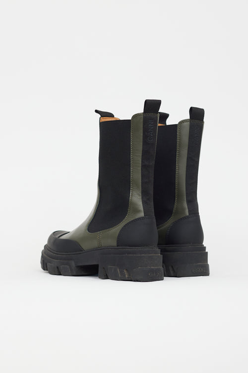 Ganni Black 
Green Leather Chelsea Boot