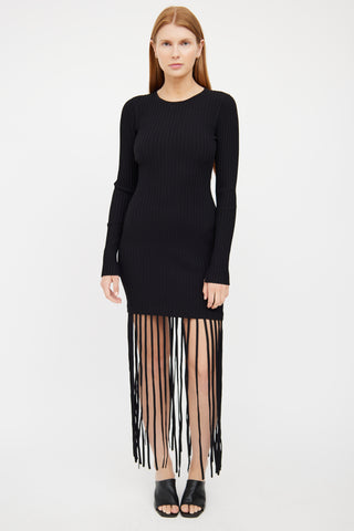 Black Ribbed Fitted Fringe Dress Ganni