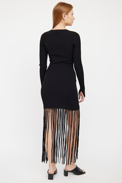 Black Ribbed Fitted Fringe Dress Ganni