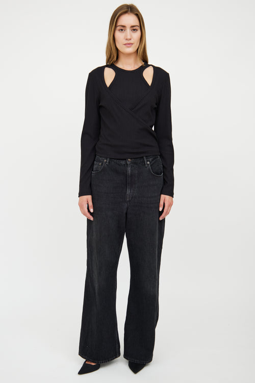 Ganni Black Ribbed Layered 
Tied Top