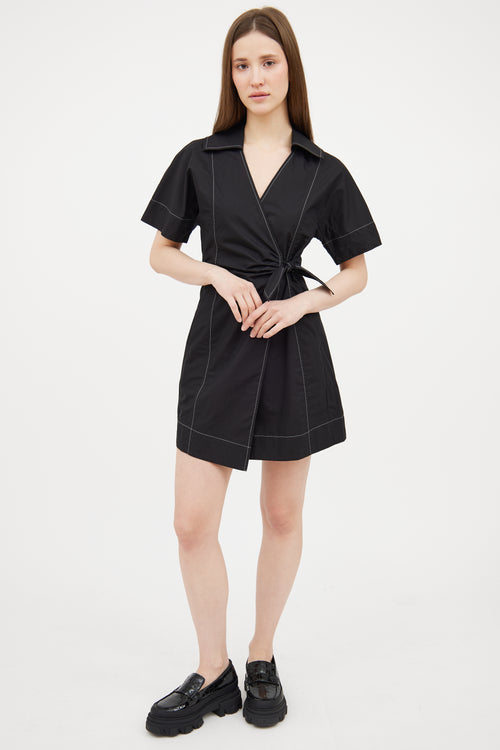 Ganni Black Contrast Stitch Wrap Dress