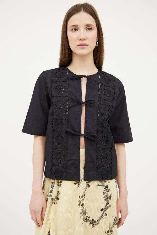 Ganni Black Eyelet Tie Top