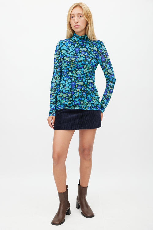 Ganni Blue 
Multicolour Floral Mesh Top