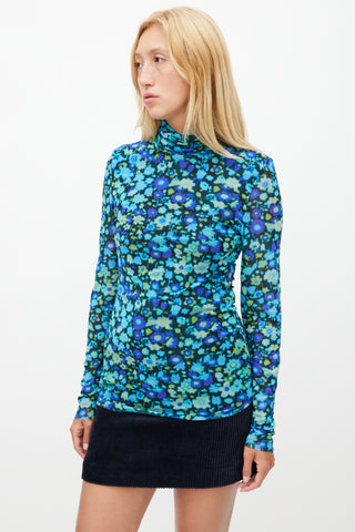 Ganni Blue 
Multicolour Floral Mesh Top