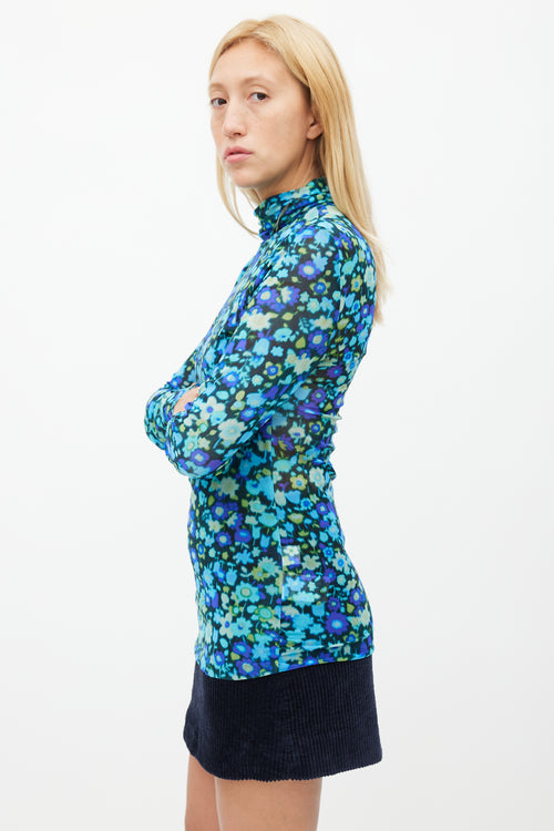 Ganni Blue 
Multicolour Floral Mesh Top