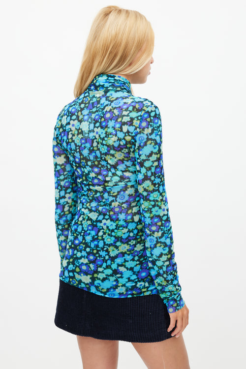 Ganni Blue 
Multicolour Floral Mesh Top