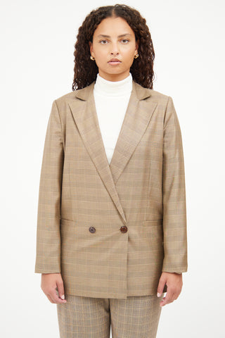 Ganni Brown Plaid Long Sleeve Blazer