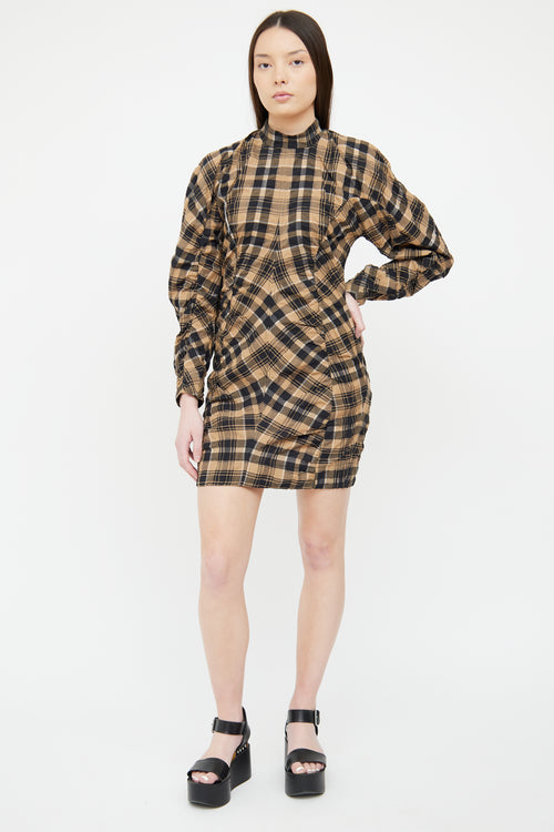 Ganni Brown 
Black Plaid Ruched Dress