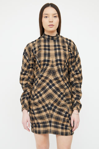 Ganni Brown 
Black Plaid Ruched Dress