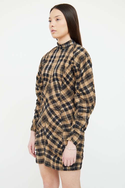 Ganni Brown 
Black Plaid Ruched Dress