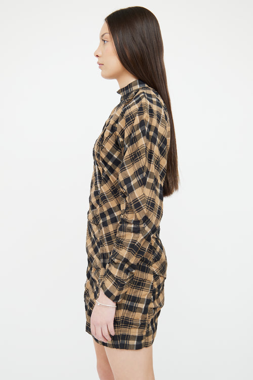 Ganni Brown 
Black Plaid Ruched Dress