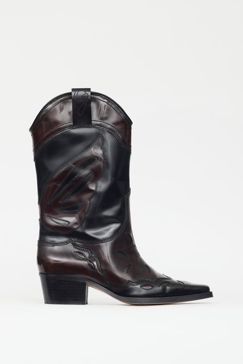 Ganni Burgundy 
Black Patent Leather Western Boot