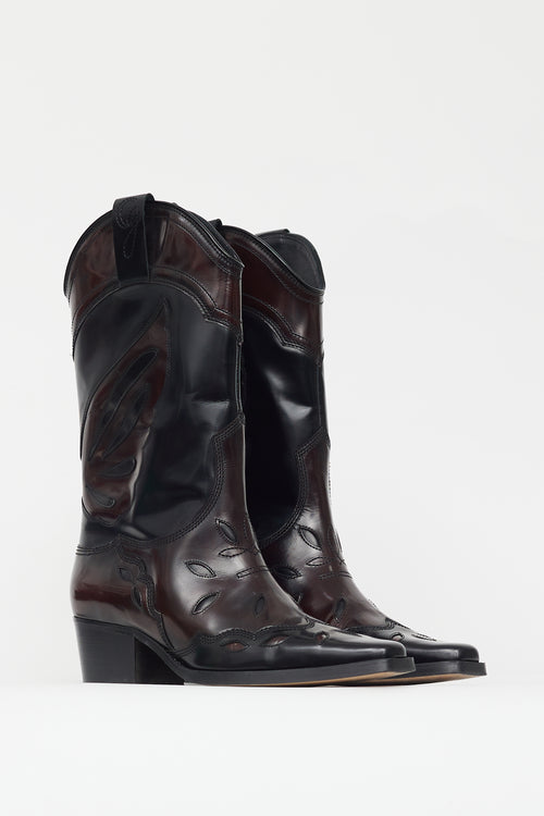 Ganni Burgundy 
Black Patent Leather Western Boot