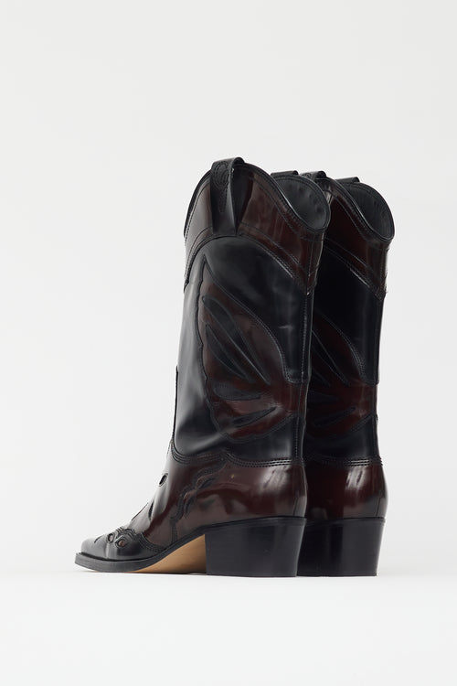 Ganni Burgundy 
Black Patent Leather Western Boot