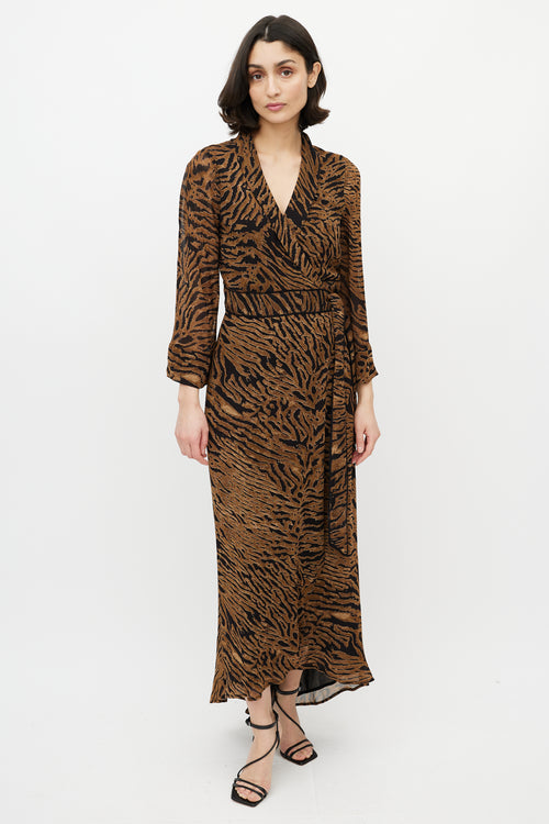 Ganni Brown 
Black Printed Maxi Wrap Dress