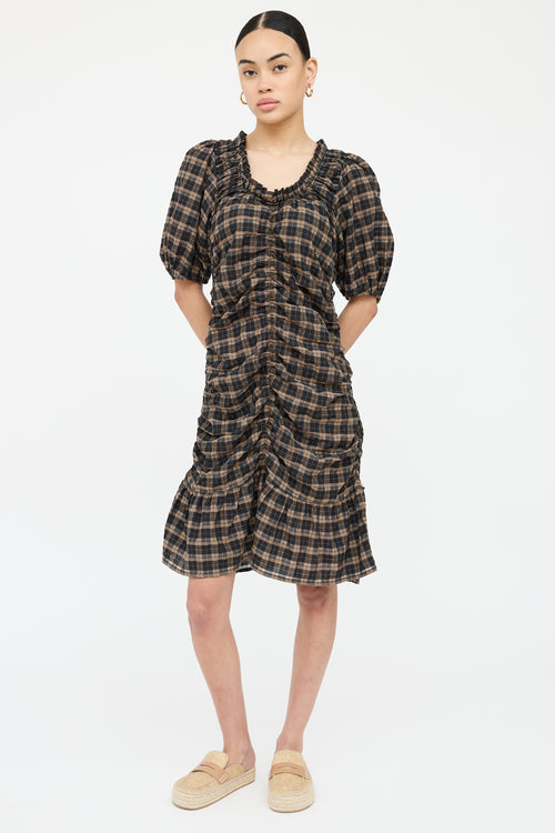 Ganni Plaid Ruched Midi Dress