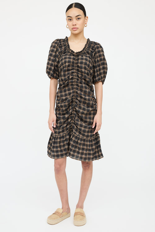 Ganni Plaid Ruched Midi Dress