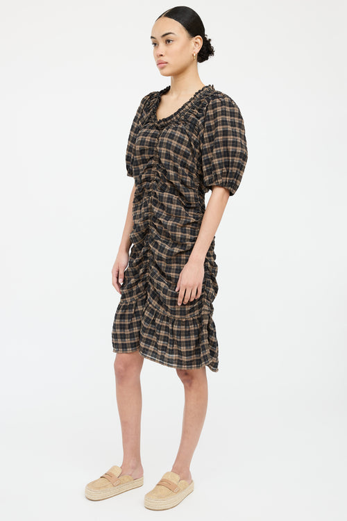 Ganni Plaid Ruched Midi Dress