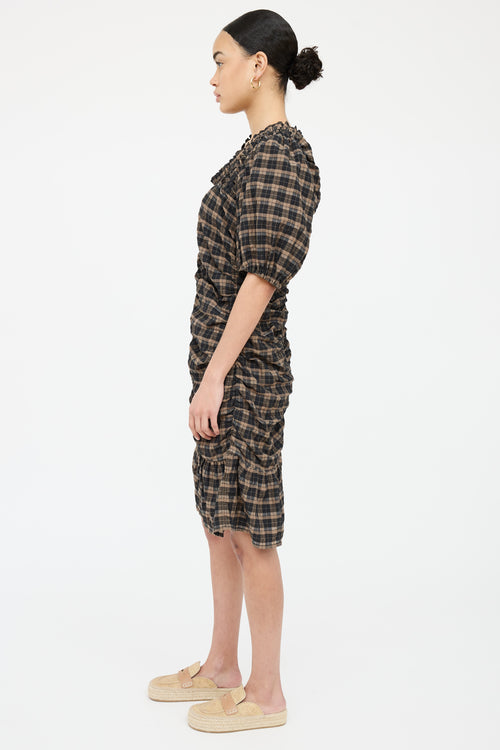 Ganni Plaid Ruched Midi Dress