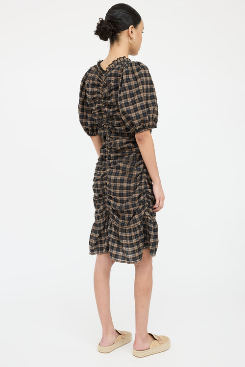 Ganni Plaid Ruched Midi Dress