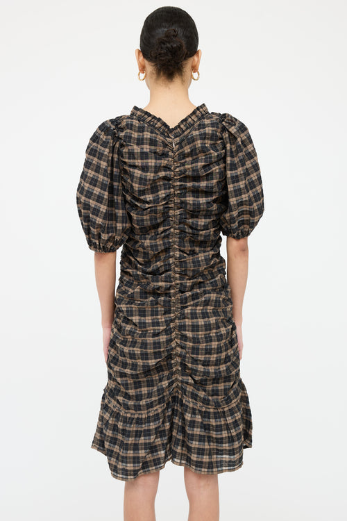 Ganni Plaid Ruched Midi Dress