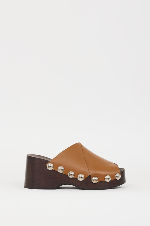 Ganni Brown Leather Retro Studded Wooden Mule