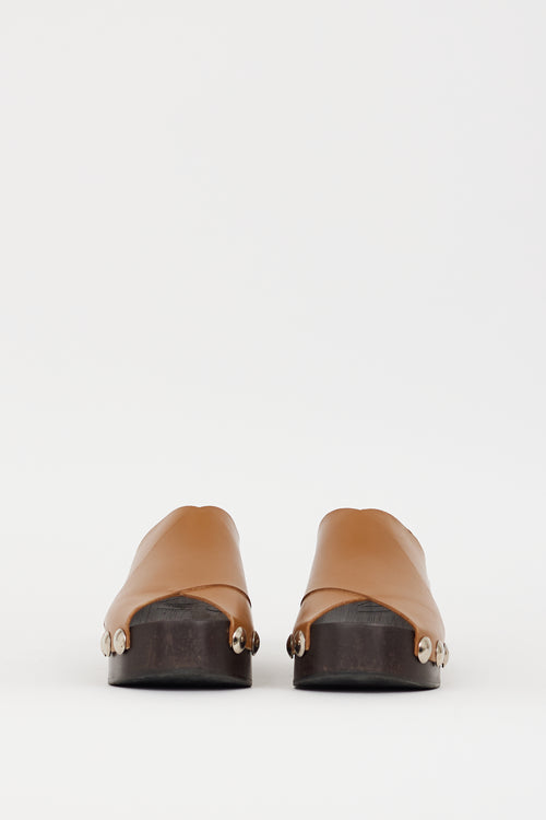 Ganni Brown Leather Retro Studded Wooden Mule