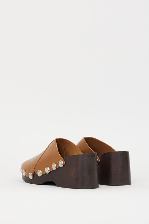 Ganni Brown Leather Retro Studded Wooden Mule