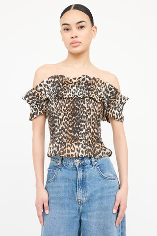 Ganni Printed Smocked Ruffle Top