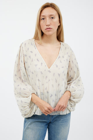 Ganni Cream 
Grey Floral Pleated Top