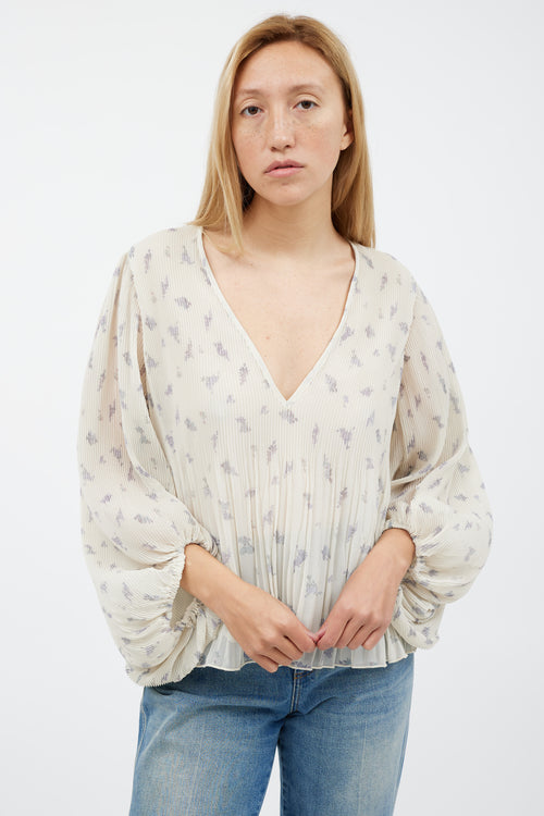 Ganni Cream 
Grey Floral Pleated Top