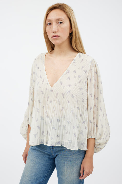 Ganni Cream 
Grey Floral Pleated Top