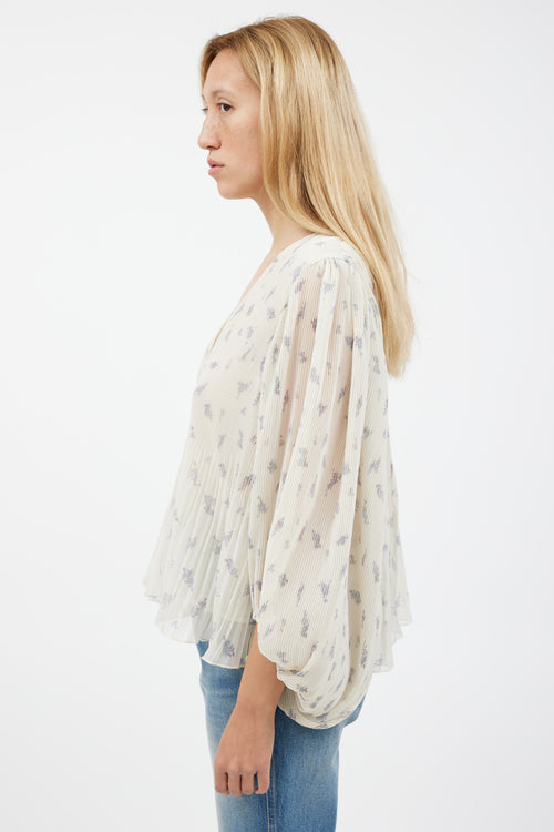 Ganni Cream 
Grey Floral Pleated Top