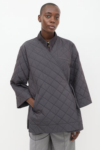 Ganni Dark Grey Quilted Canvas Wrap Jacket