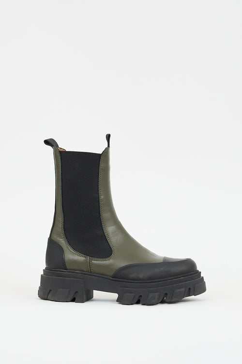 Ganni Green 
Black Leather Lug Sole Chelsea Boot