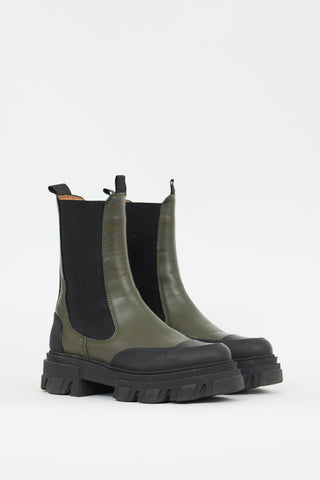 Ganni Green 
Black Leather Lug Sole Chelsea Boot