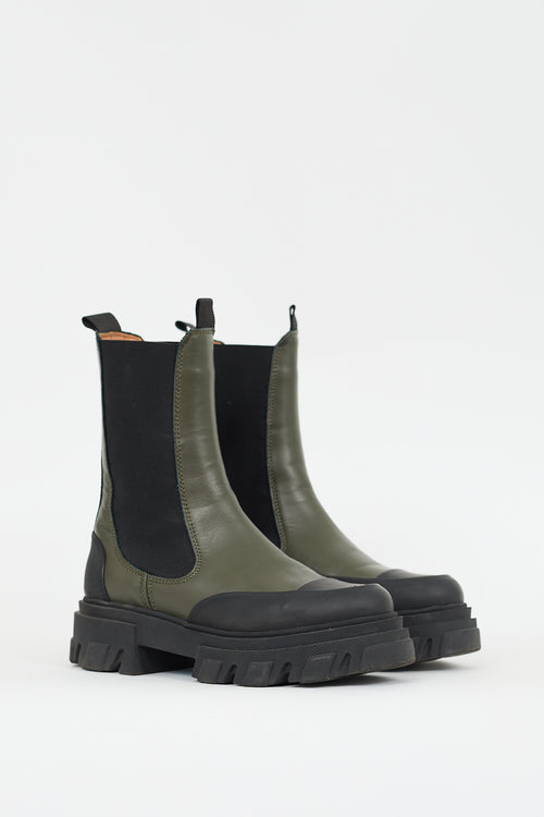 Ganni Green 
Black Leather Lug Sole Chelsea Boot