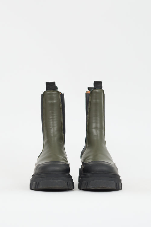 Ganni Green 
Black Leather Lug Sole Chelsea Boot