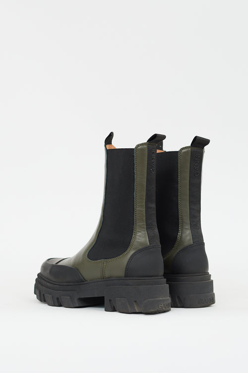 Ganni Green 
Black Leather Lug Sole Chelsea Boot