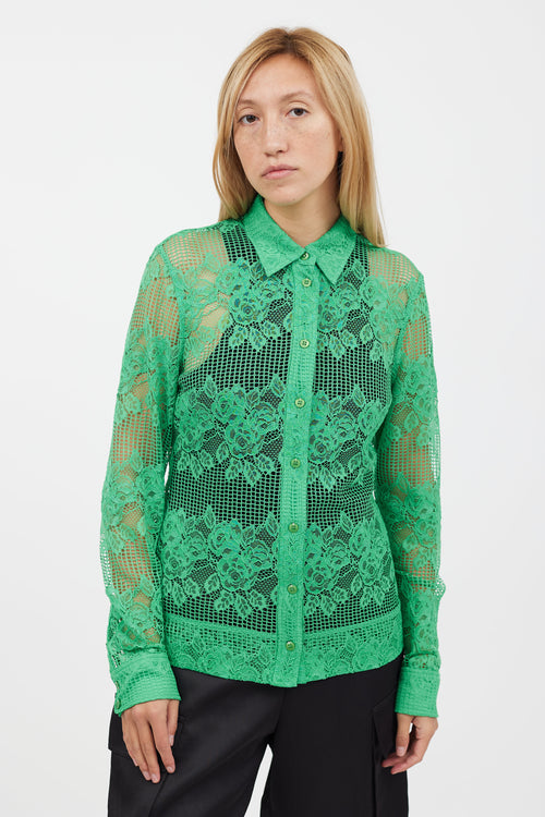 Ganni Green Floral Lace Mesh Longsleeve Shirt