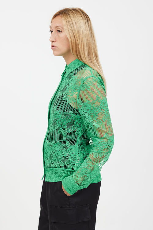 Ganni Green Floral Lace Mesh Longsleeve Shirt