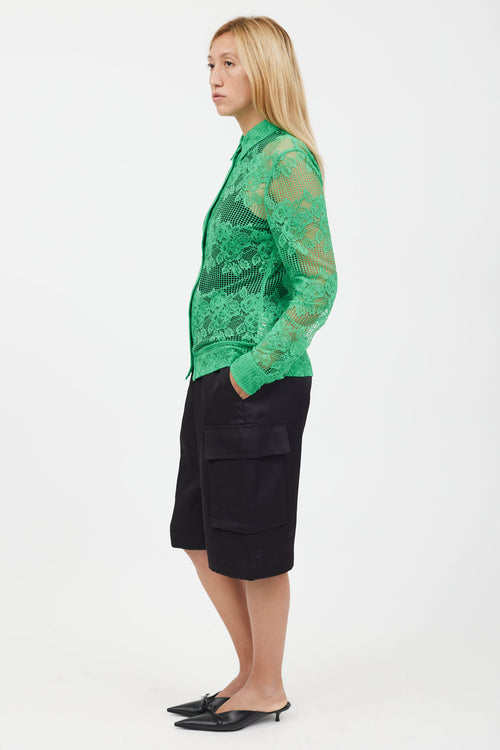 Ganni Green Floral Lace Mesh Longsleeve Shirt