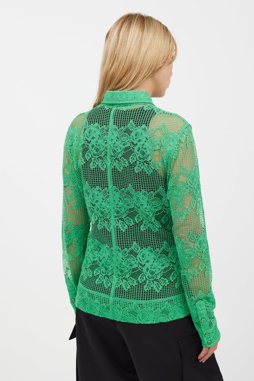 Ganni Green Floral Lace Mesh Longsleeve Shirt